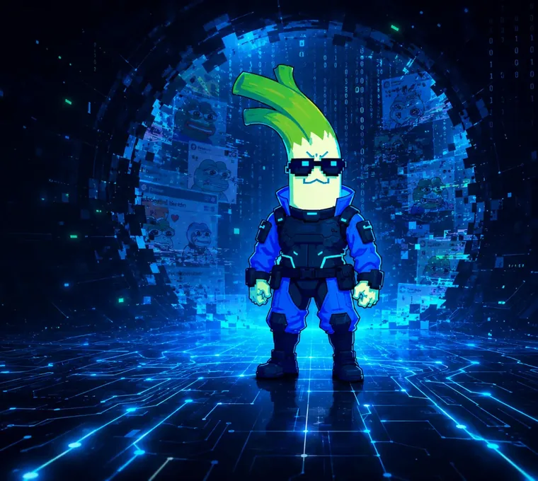 Cyberleek in full tactical armor standing on a glowing circuit floor, backlit by an archway of timeline posts and memes.