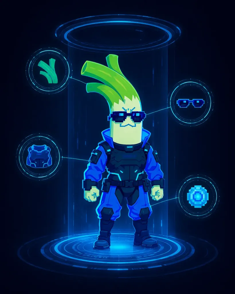 Entity scan of Cyberleek: a pale-green leek in dark navy and electric-blue tactical armor with pixel sunglasses and a white moustache, standing in a holographic scanning tube with callout nodes for its leaves, shades, armor plate and core.